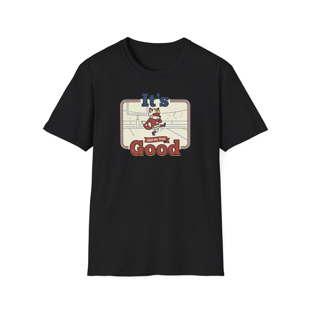 Black T-shirt with retro fox skateboard graphic and text “It’s Good”