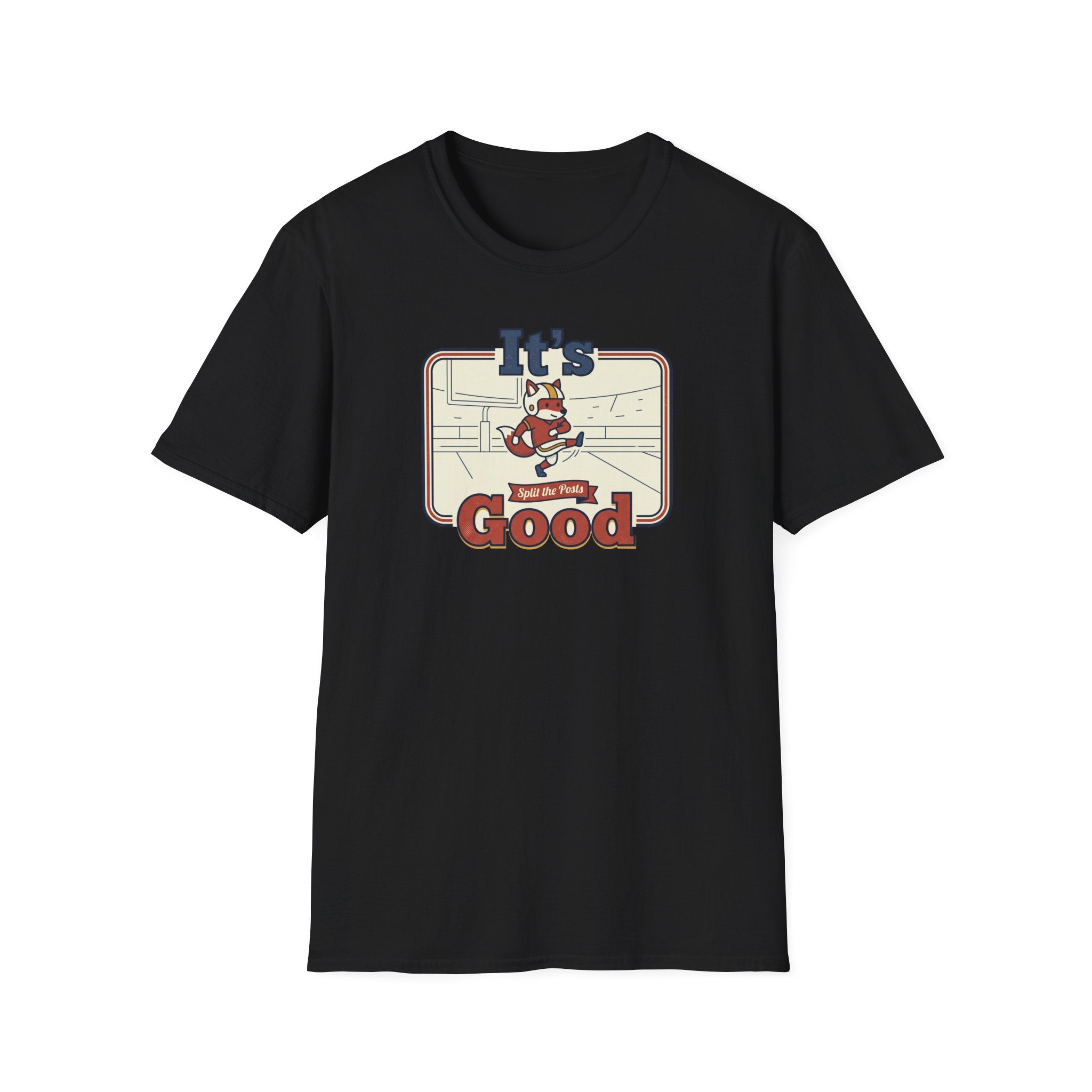 Black T-shirt with retro fox skateboard graphic and text “It’s Good”