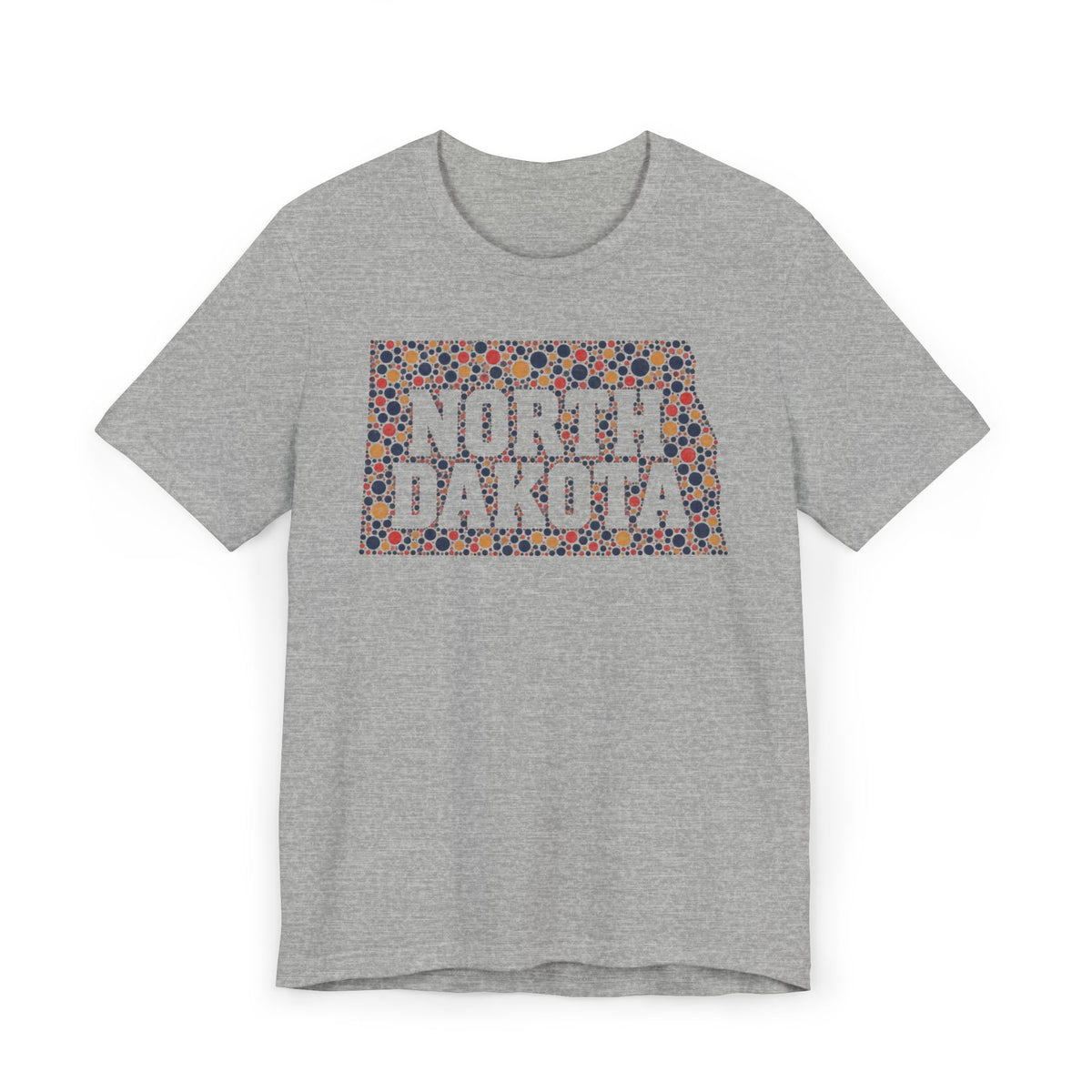 Heather gray T-shirt with colorful “NORTH DAKOTA” floral map graphic on front