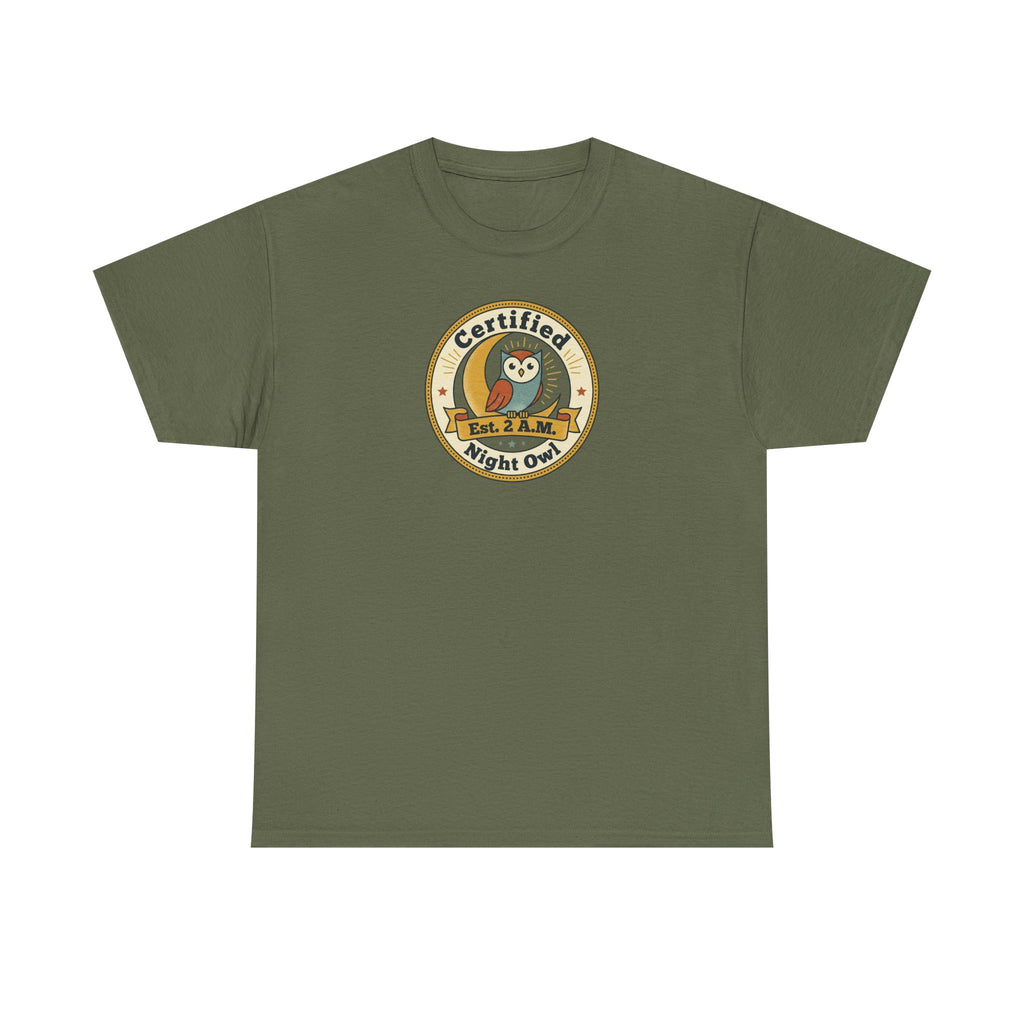 Olive green crewneck T-shirt with round owl badge print on chest