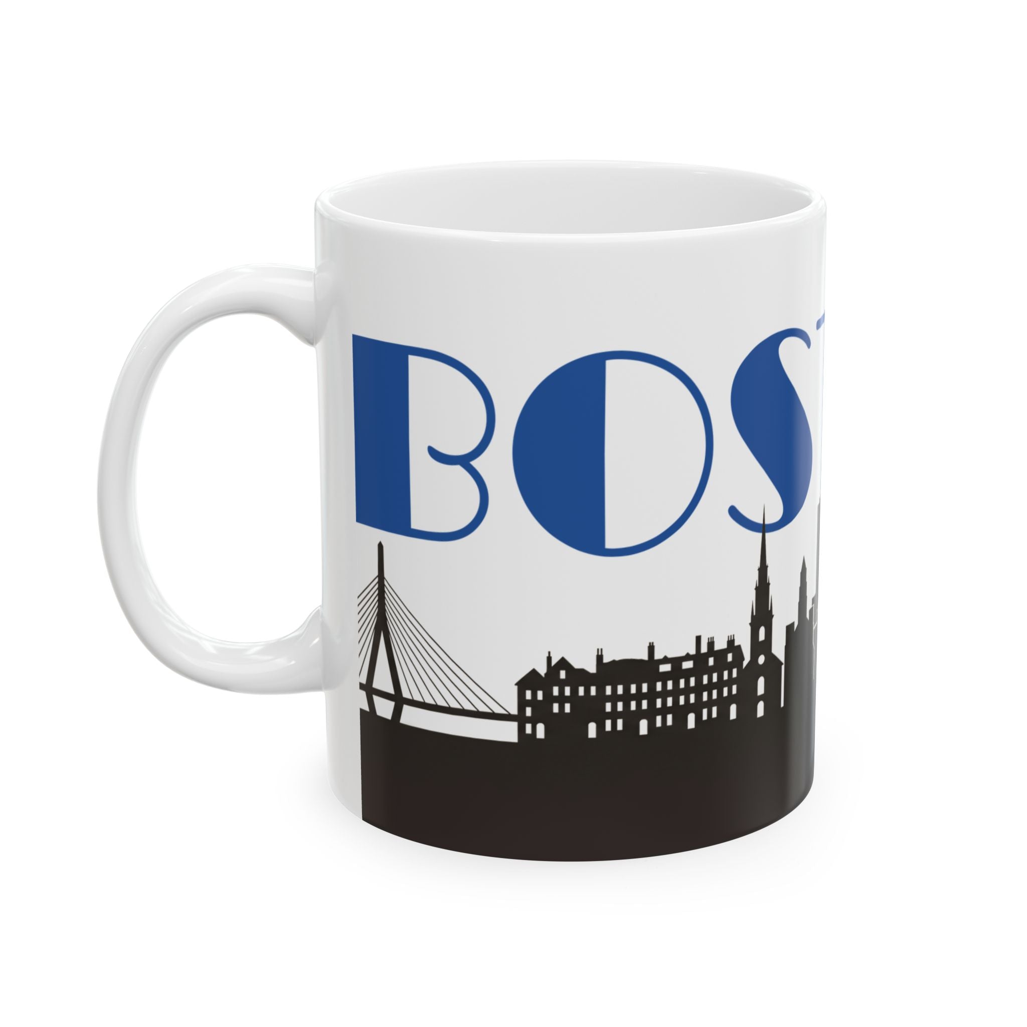 White ceramic mug with blue BOS lettering and black skyline silhouette with bridge