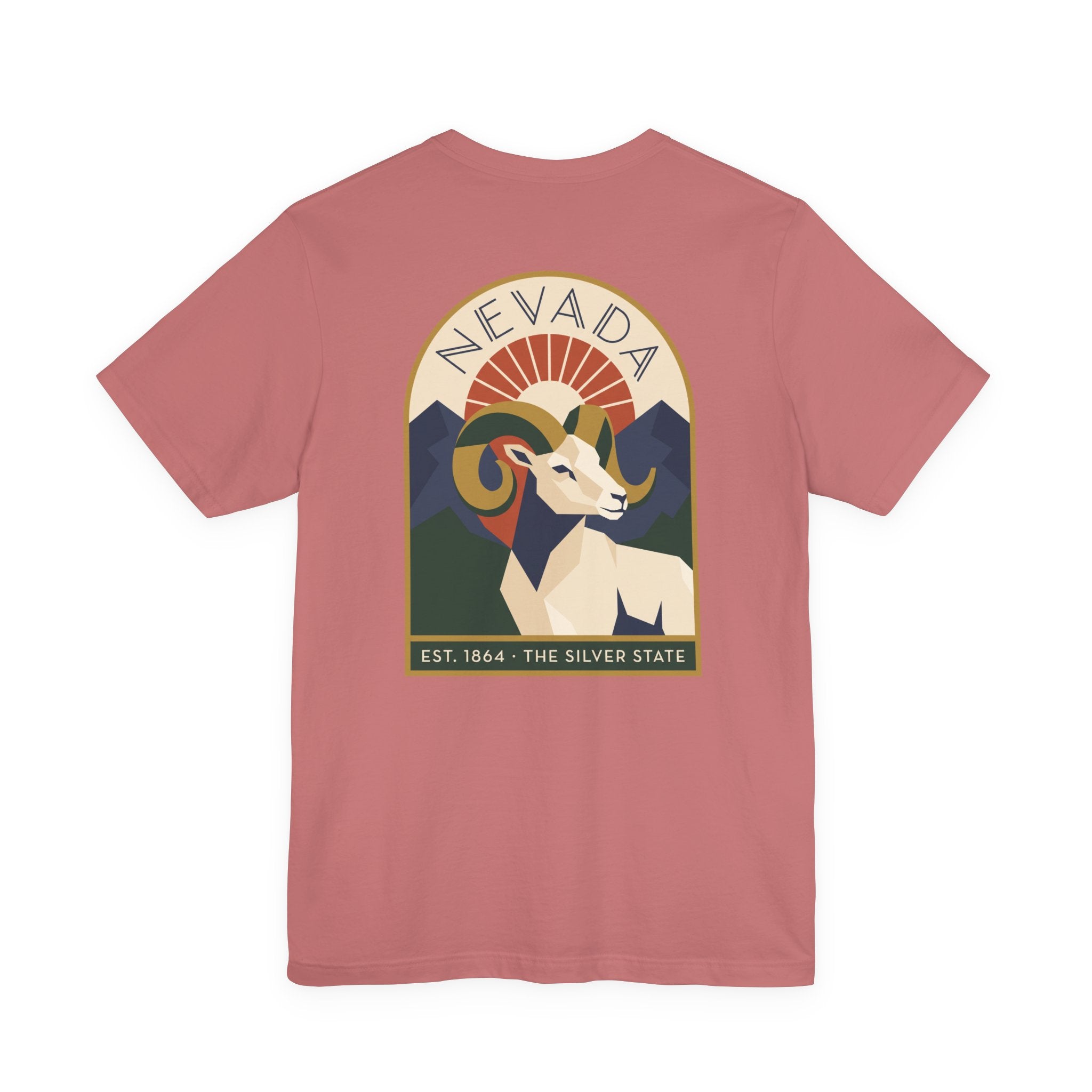Nevada bighorn sheep art deco T-shirt, rose with retro circular chest graphic