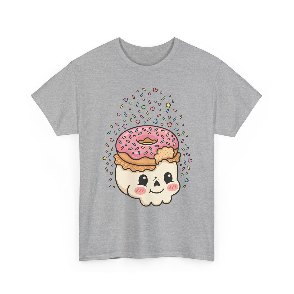 Sport grey T-shirt with donut skull face graphic and colorful sprinkles.