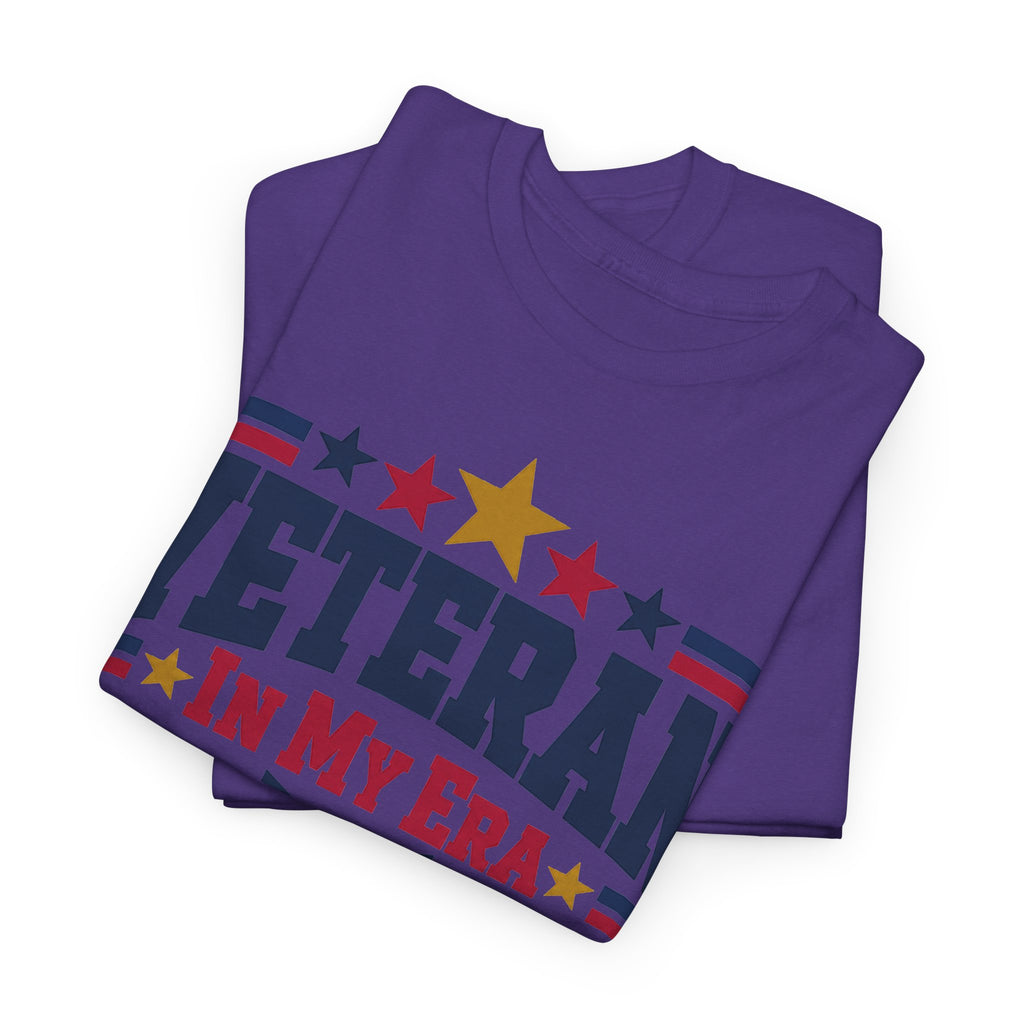 Purple T-shirt with patriotic star and striped graphic print across the chest