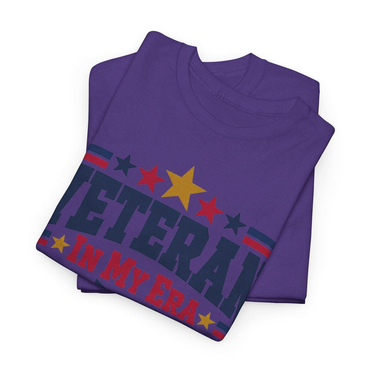 Purple T-shirt with patriotic star and striped graphic print across the chest
