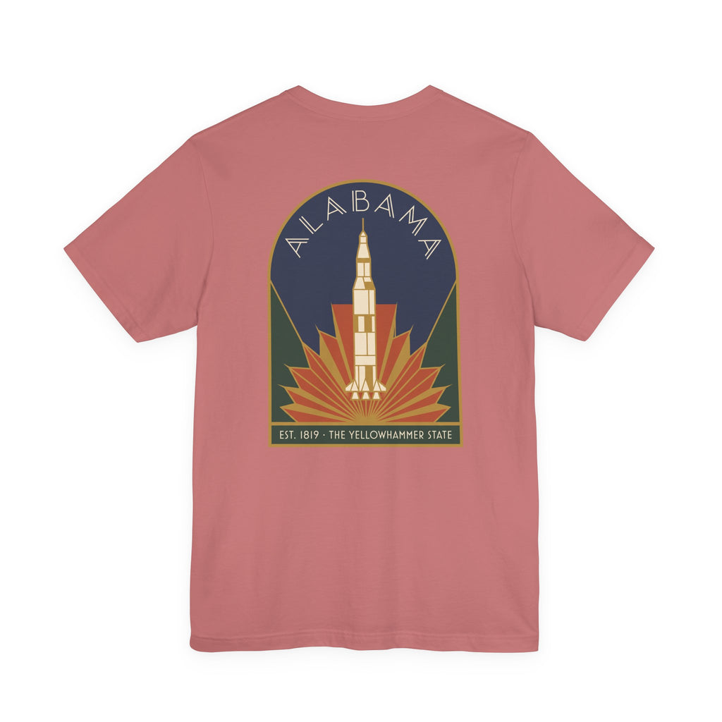 Rose/maroon T-shirt with Alabama rocket emblem graphic centered on back
