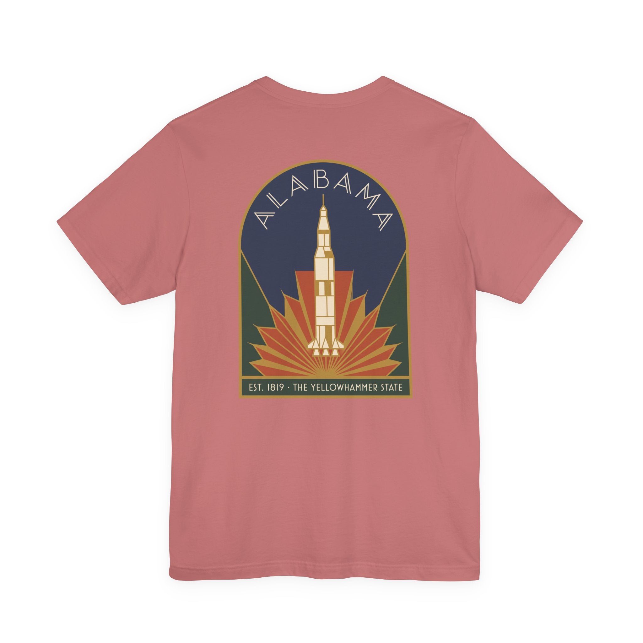 Rose/maroon T-shirt with Alabama rocket emblem graphic centered on back
