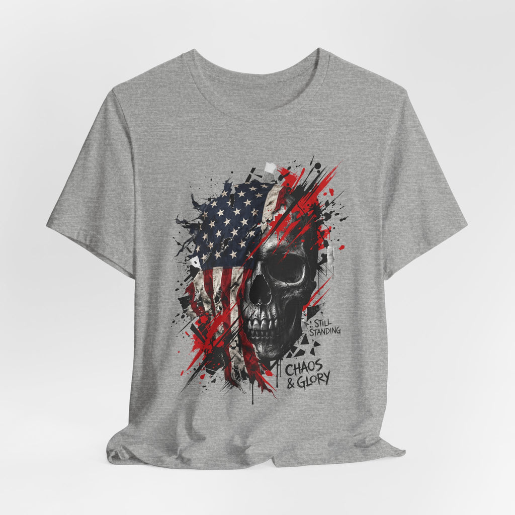 Light grey crew-neck T-shirt with skull graphic over stars-and-stripes, red splatter.