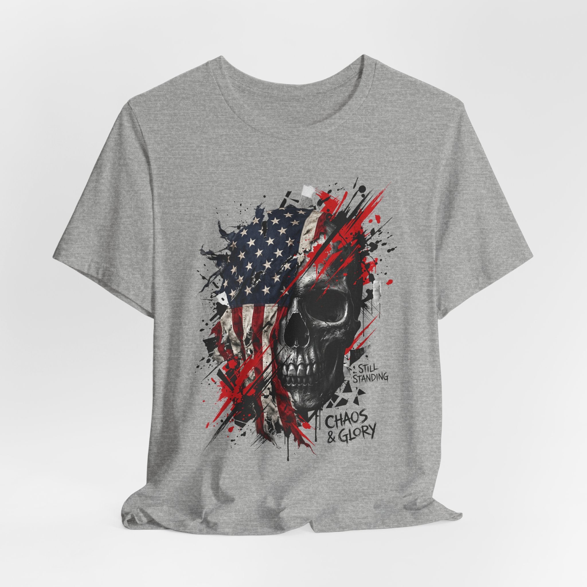 Light grey crew-neck T-shirt with skull graphic over stars-and-stripes, red splatter.