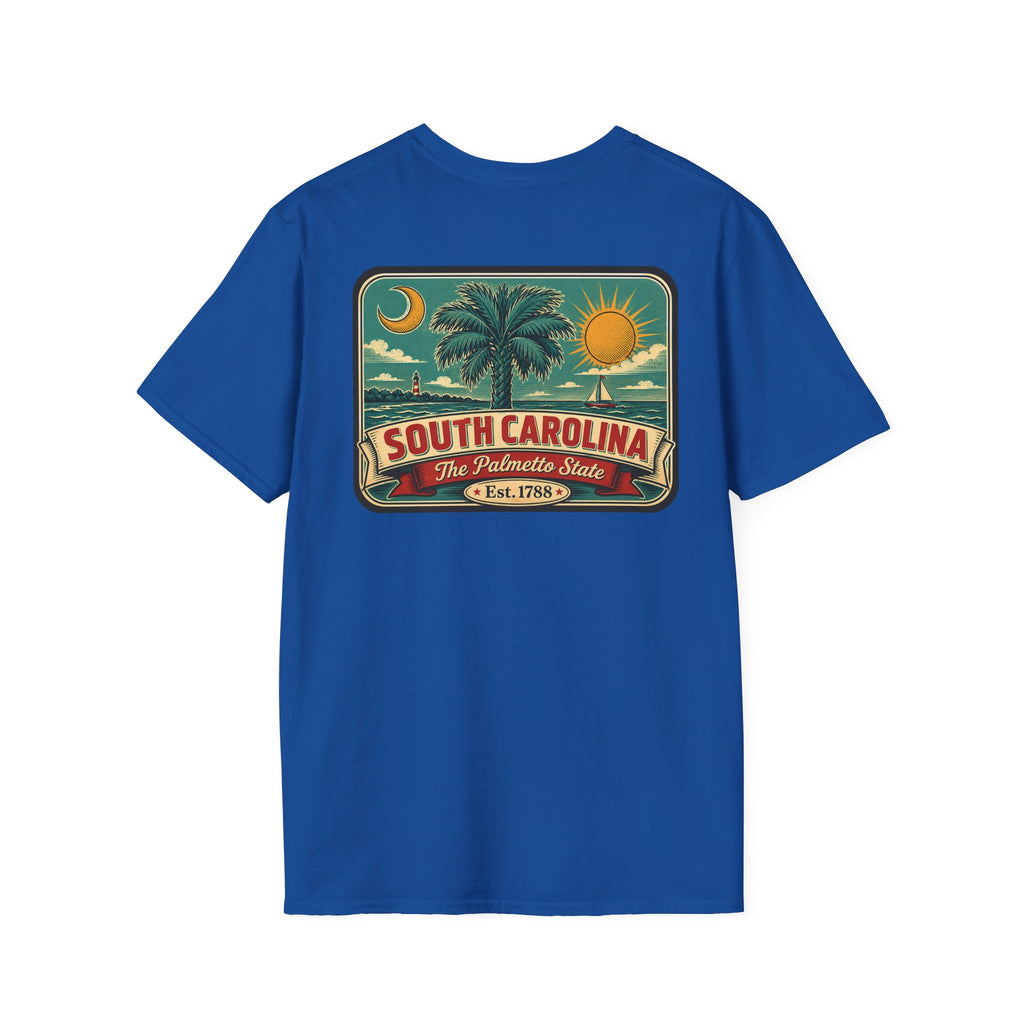 Royal blue T-shirt with South Carolina palm graphic patch and Est. 1788 text