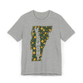 Heather gray graphic t-shirt with floral Vermont map outline and vertical "VERMONT" lettering.