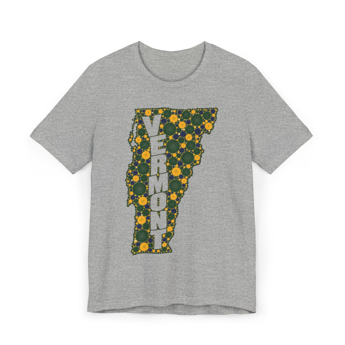 Heather gray graphic t-shirt with floral Vermont map outline and vertical "VERMONT" lettering.