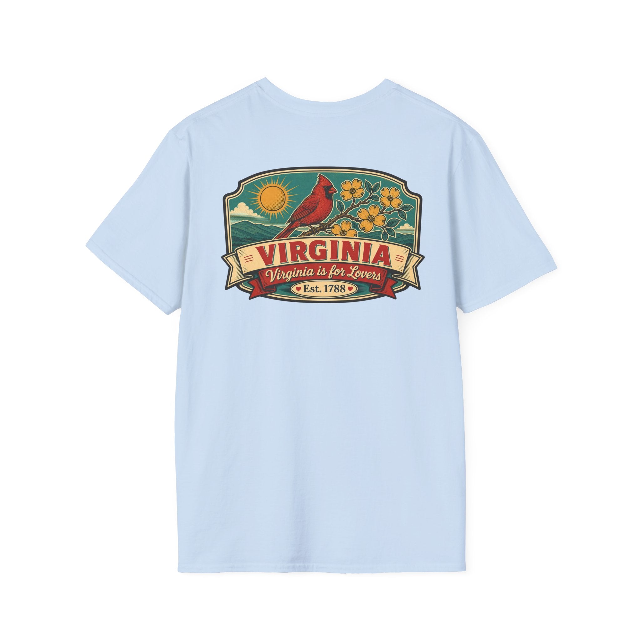 Light blue T-shirt with Virginia travel graphic and cardinal bird print