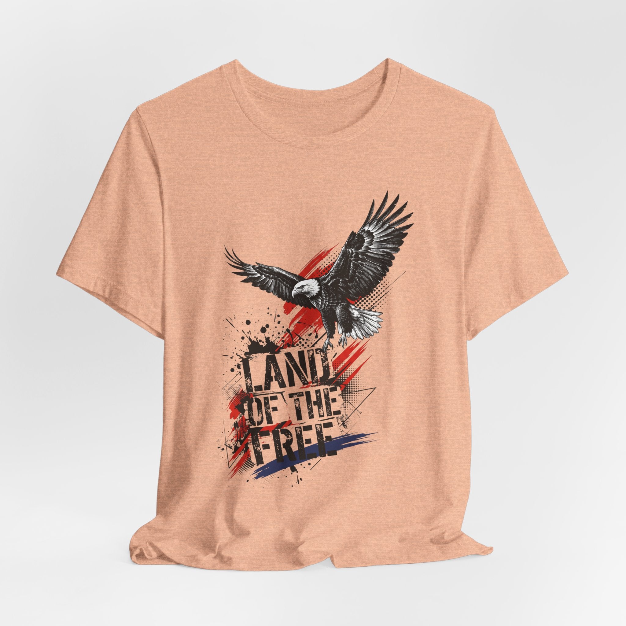 Heather peach crewneck T-shirt with eagle over distressed patriotic word graphic