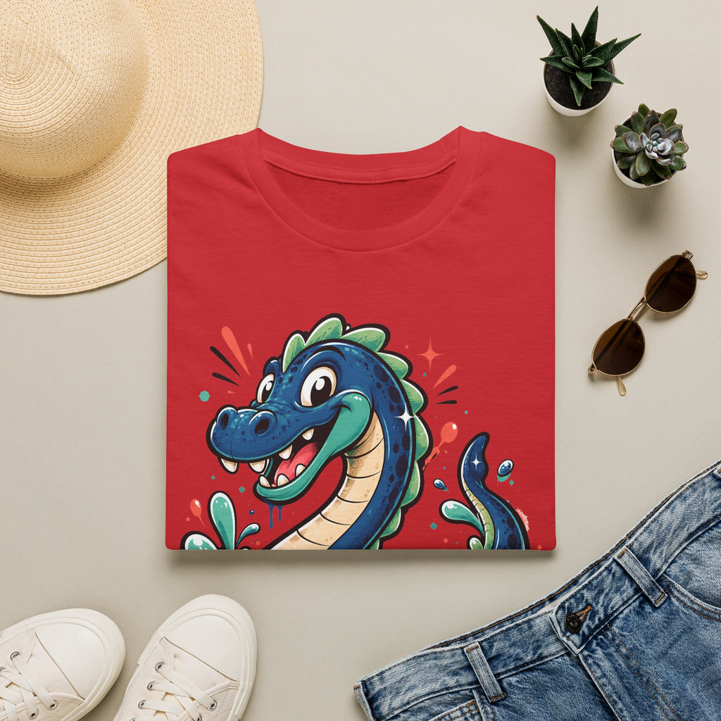 Red sea serpent graphic T-shirt with smiling cartoon lake monster on the front
