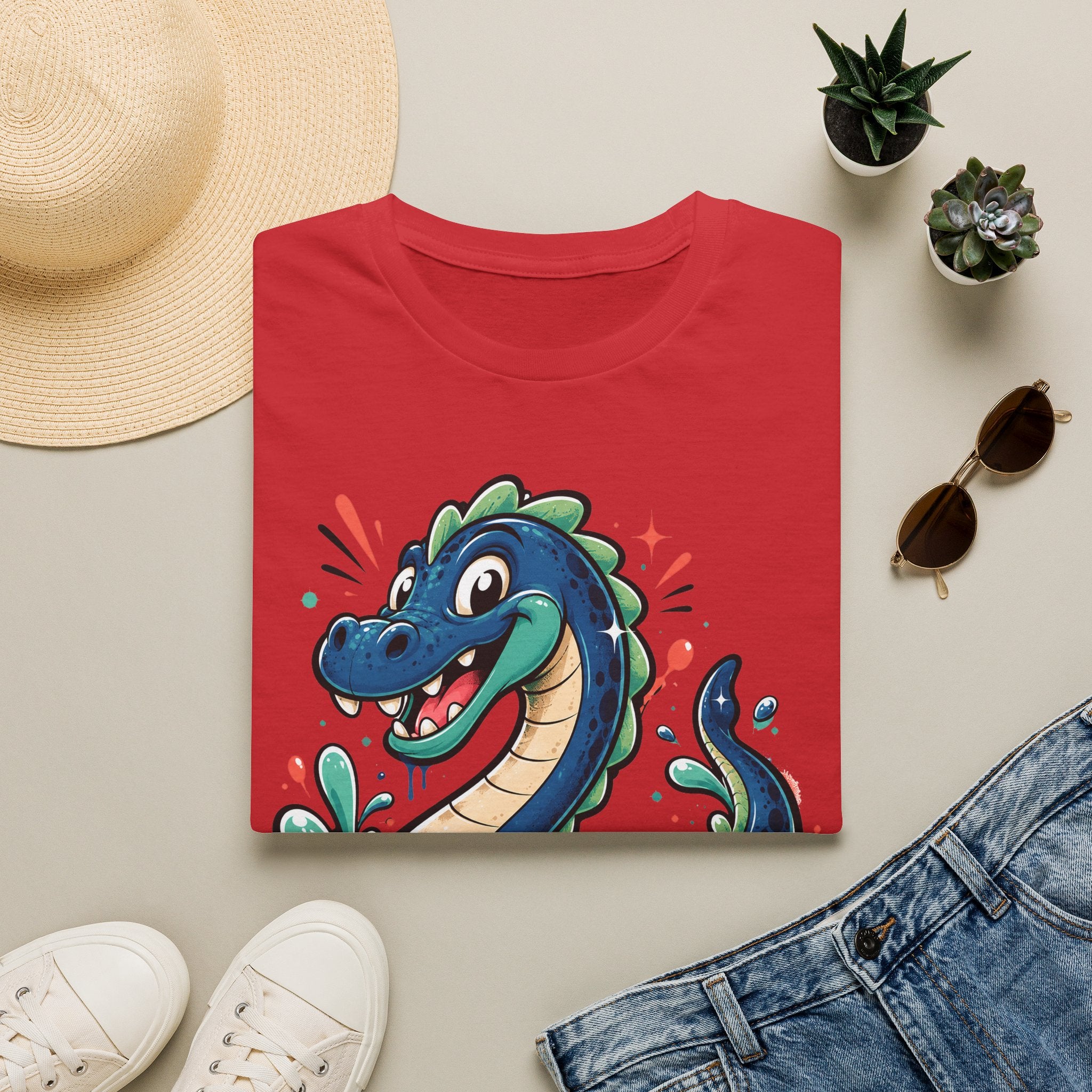Red sea serpent graphic T-shirt with smiling cartoon lake monster on the front