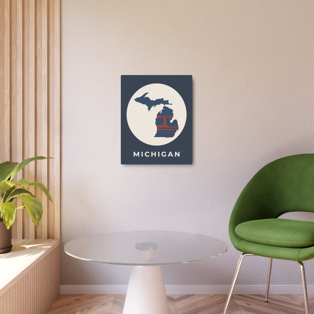 Michigan metal wall art sign, dark blue square with circular state map and MICHIGAN text