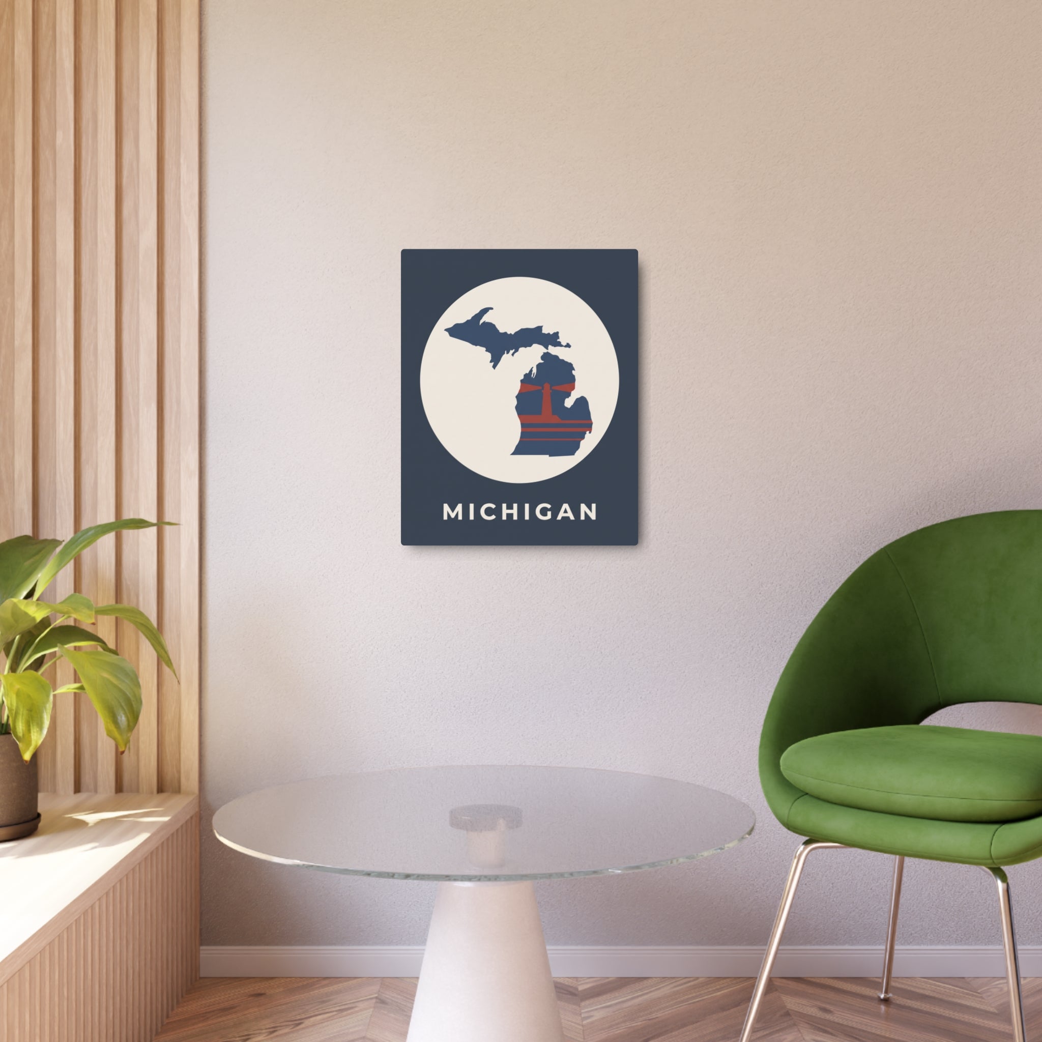 Michigan metal wall art sign, dark blue square with circular state map and MICHIGAN text