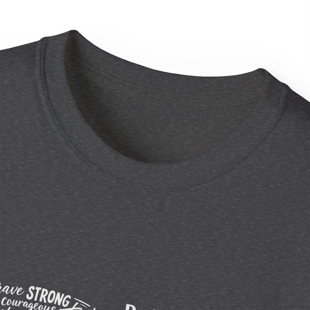 Dark Heather crewneck Life tee close-up of collar and partial word-cloud print