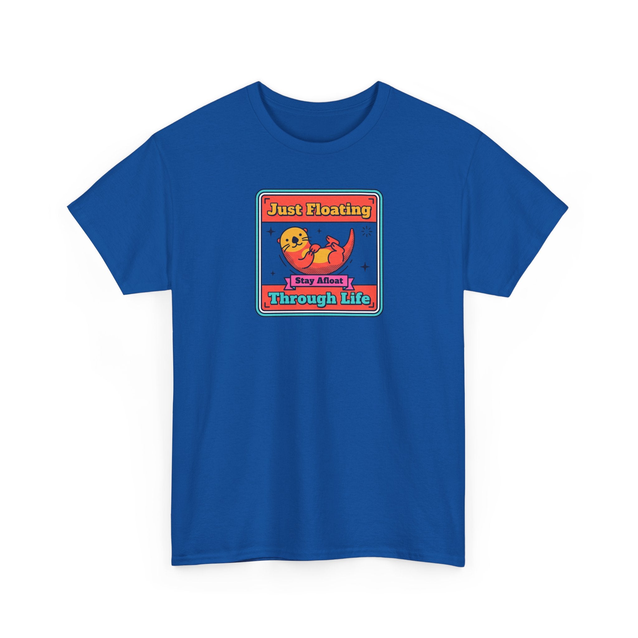 Royal blue crew-neck T-shirt with cartoon otter graphic patch on chest