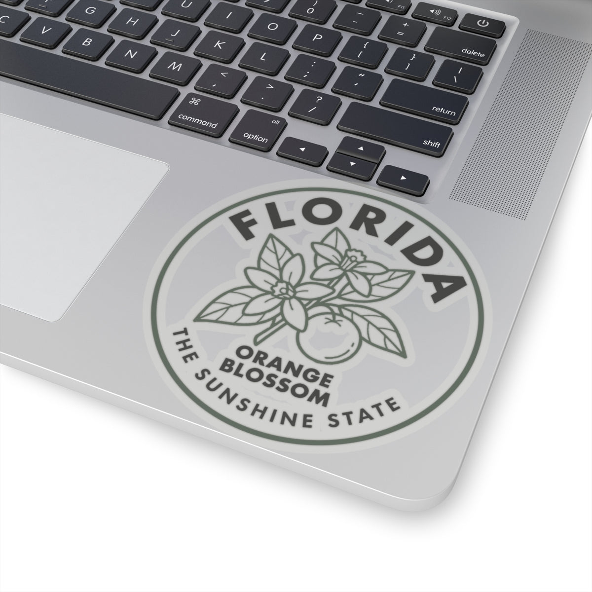 Transparent vinyl decal on laptop, circular Florida orange blossom emblem and text