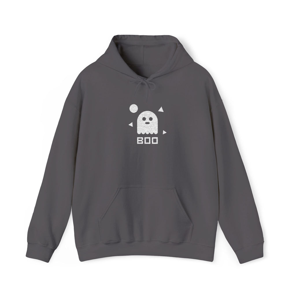 Dark gray hoodie with white ghost graphic and BOO text, front pocket and hood.
