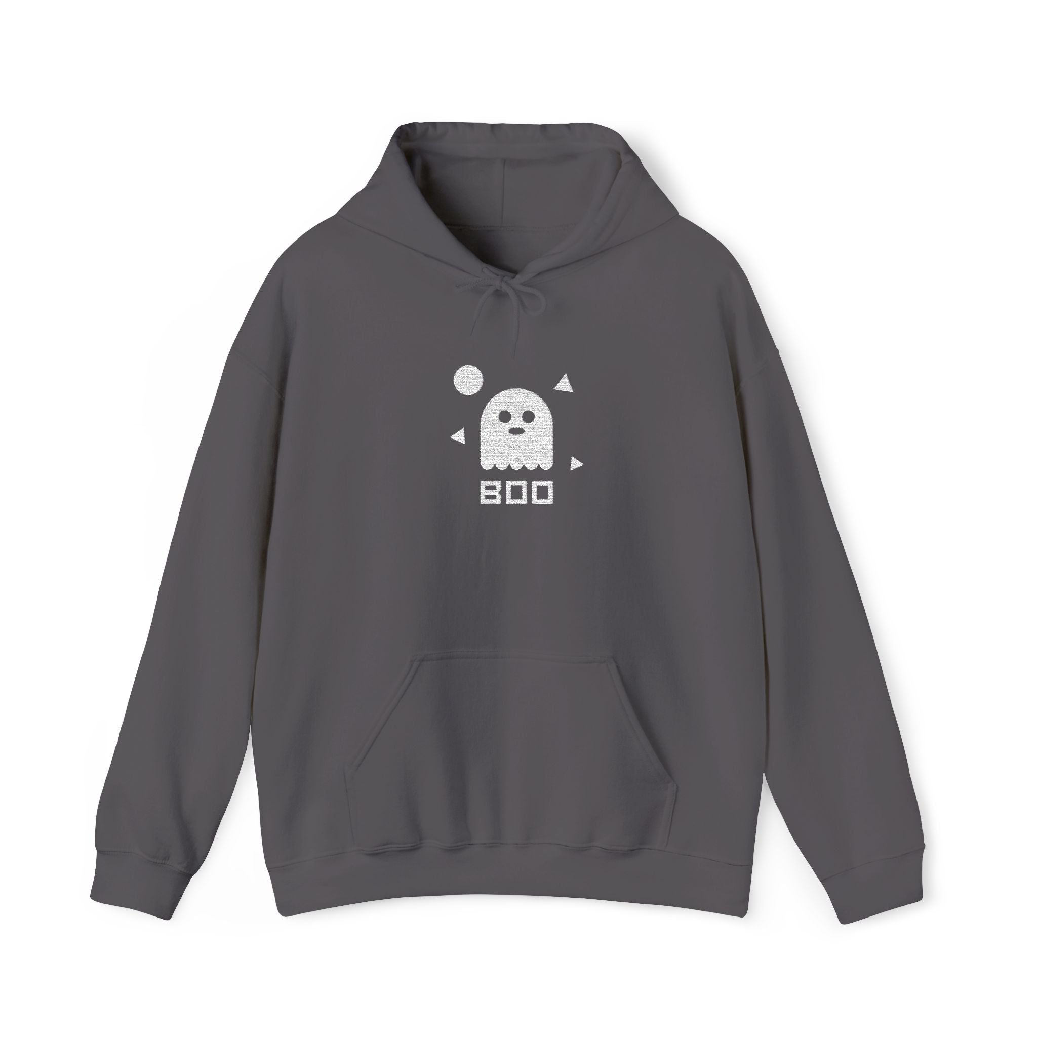 Dark gray hoodie with white ghost graphic and BOO text, front pocket and hood.