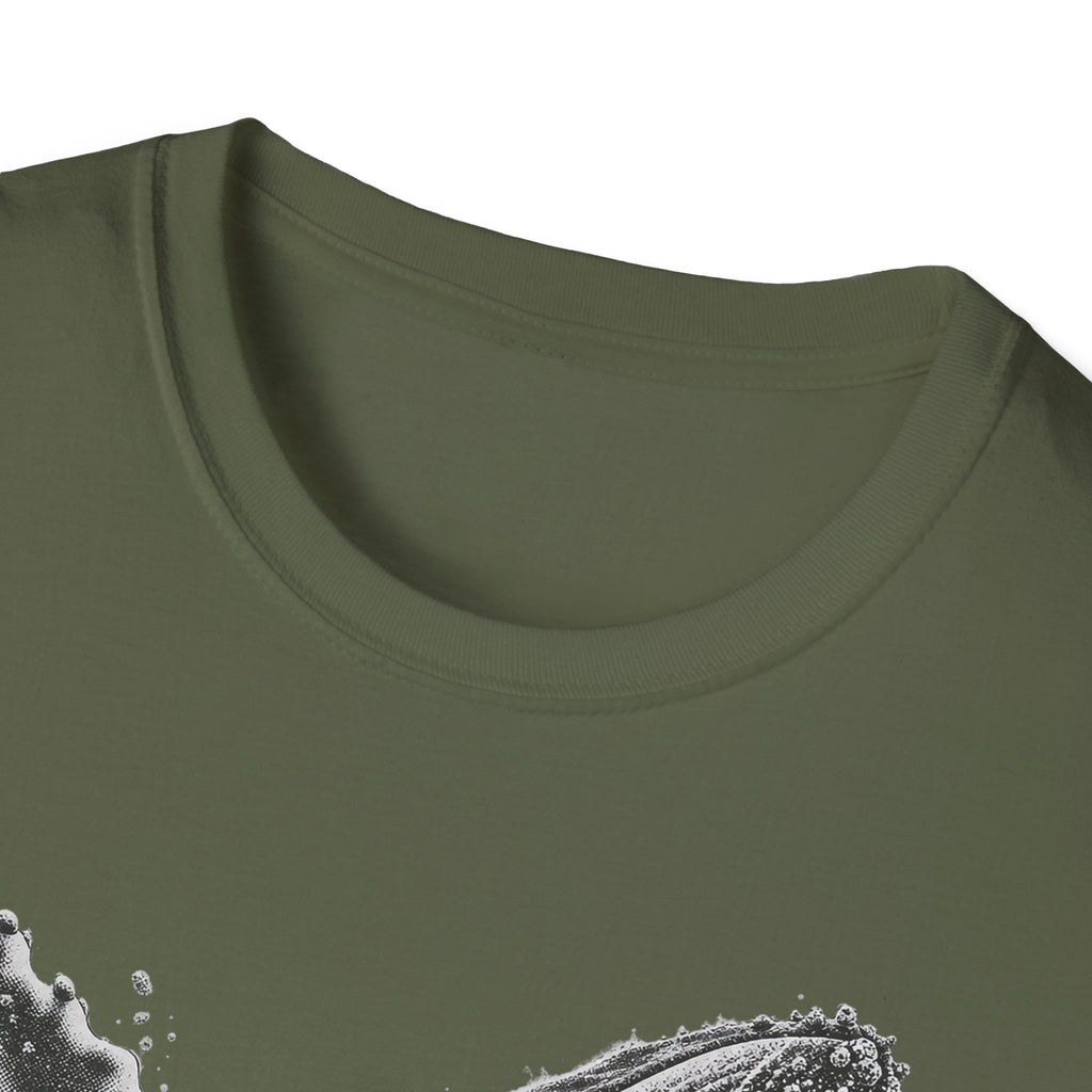 Military green T-shirt neckline close-up with crew neck and stitched collar