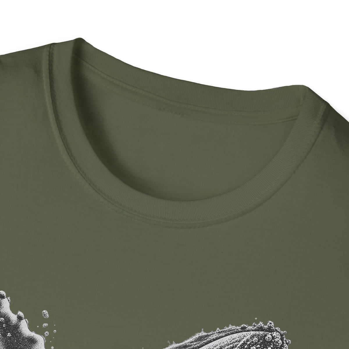 Military green T-shirt neckline close-up with crew neck and stitched collar