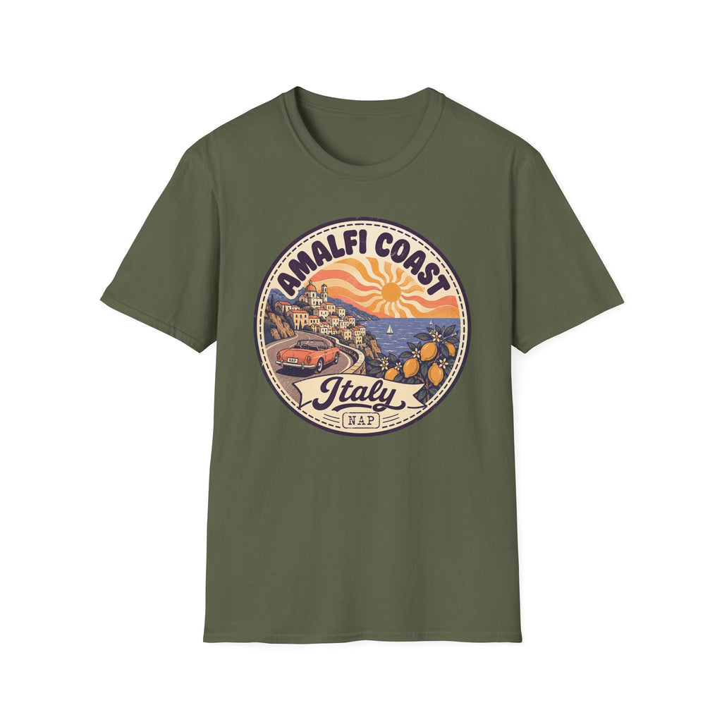 Military green T-shirt with round Amalfi Coast Italy graphic on front