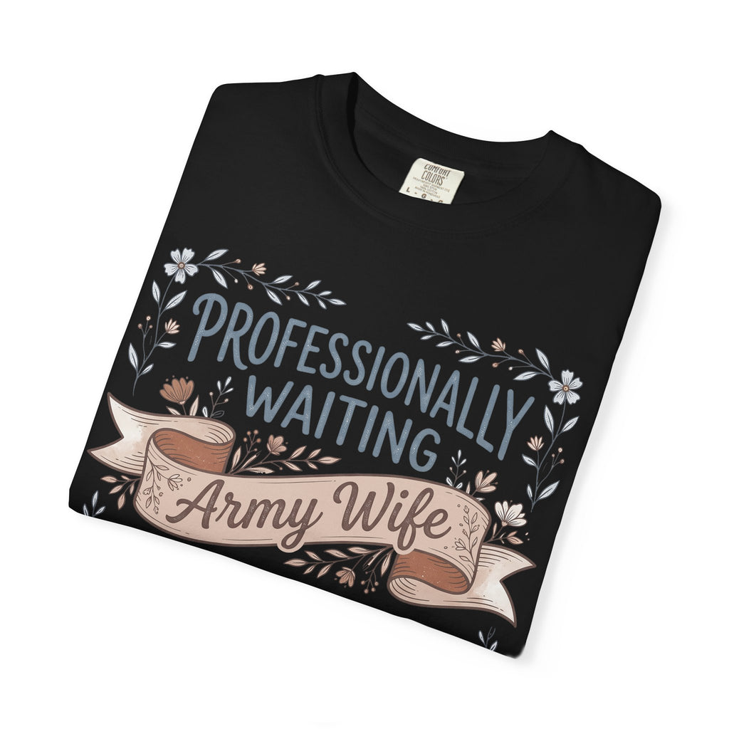 Black crewneck T-shirt with floral ribbon graphic and 'Army Wife' text.