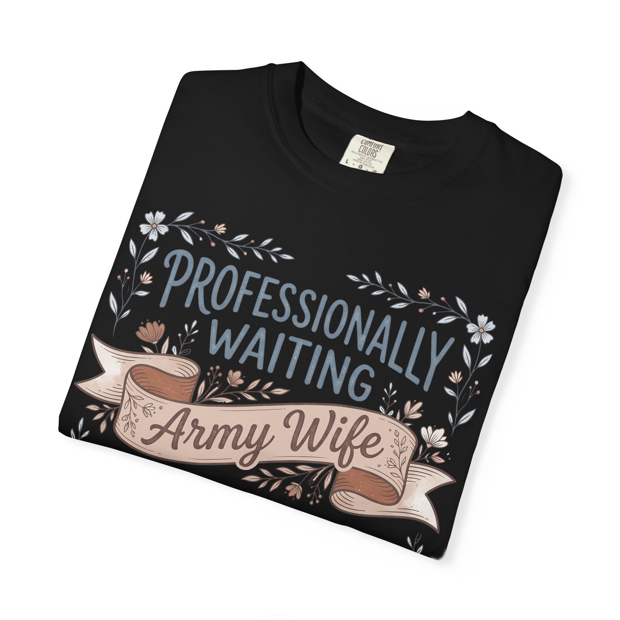 Black crewneck T-shirt with floral ribbon graphic and 'Army Wife' text.