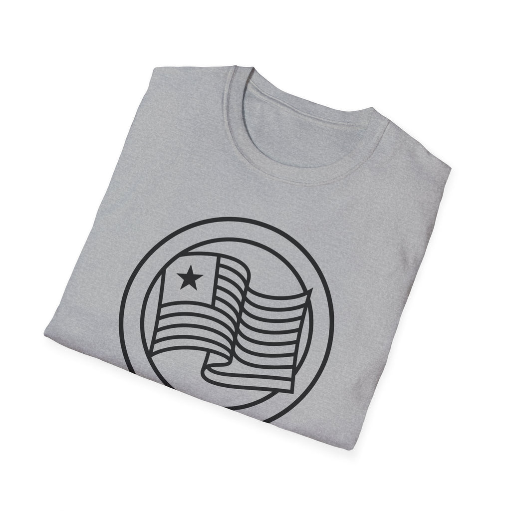 Light gray crewneck T-shirt with black circular graphic showing star and striped flag
