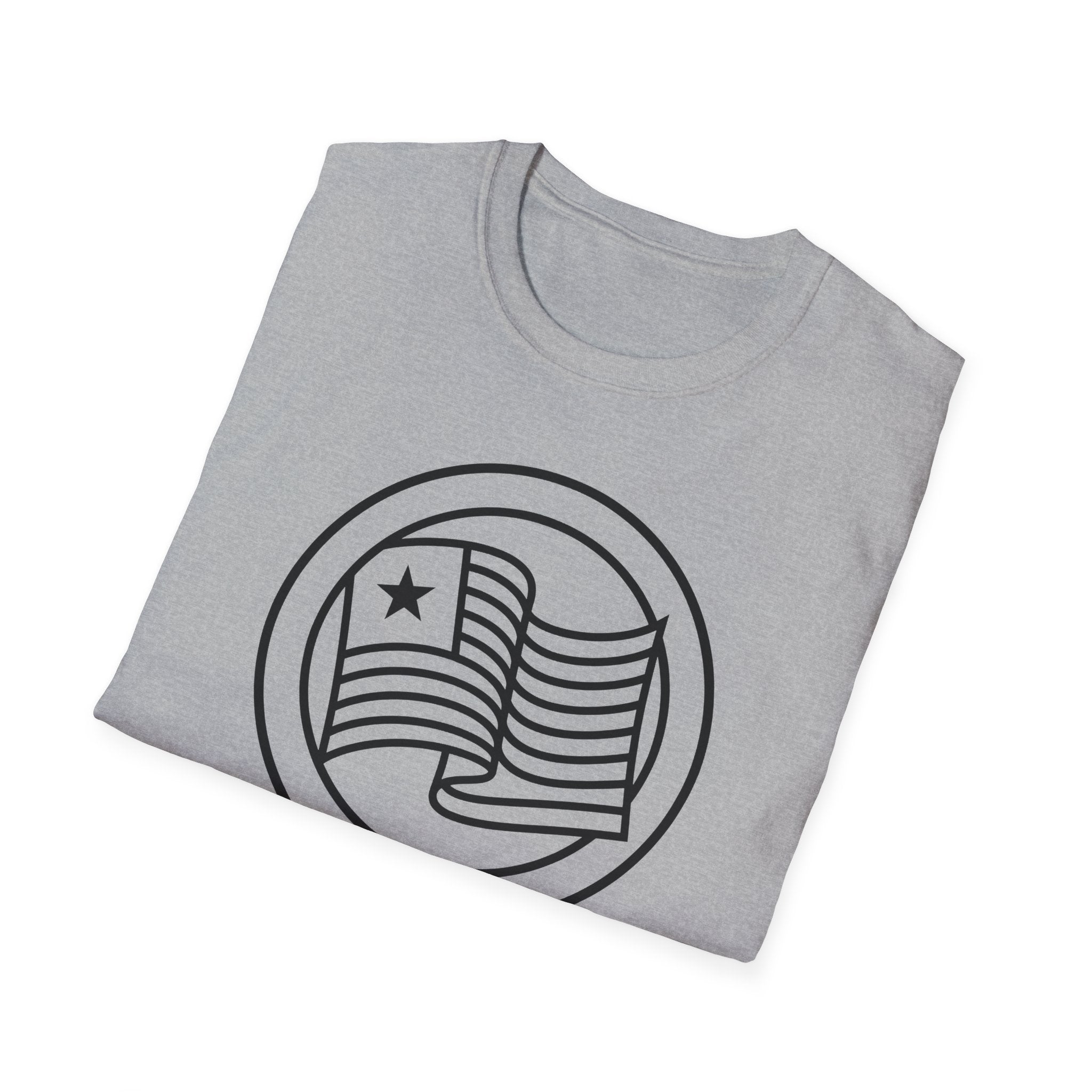 Light gray crewneck T-shirt with black circular graphic showing star and striped flag