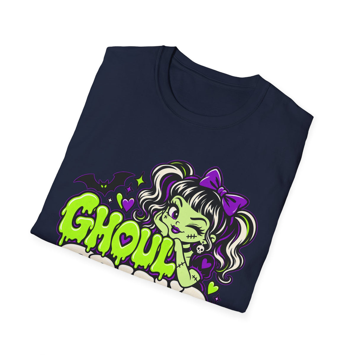 Navy T-shirt with cute monster girl graphic, green text and purple bat