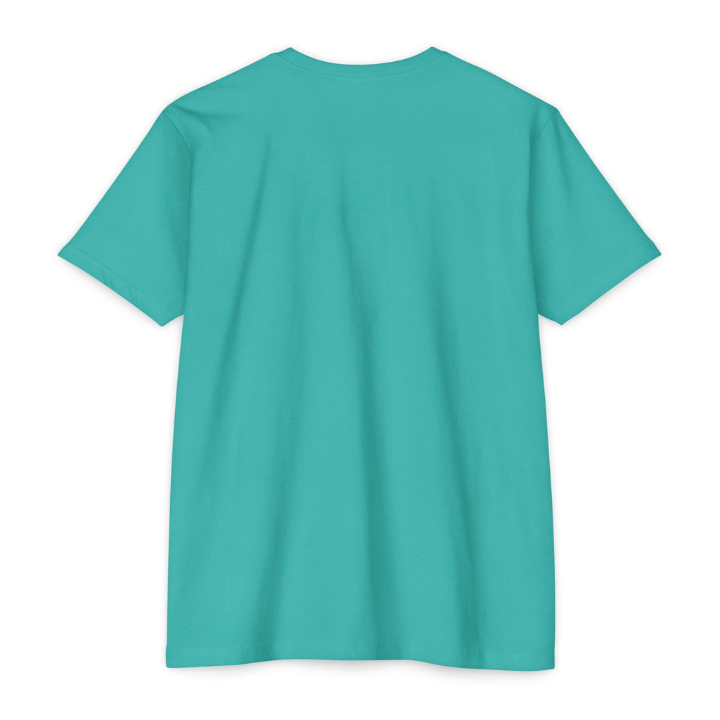 Teal green T-shirt, crew neck; plain front panel
