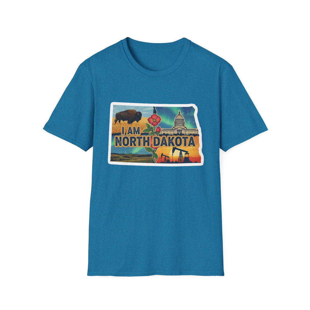 Camiseta azul turquesa North Dakota con bisonte, flores y capitolio en el pecho