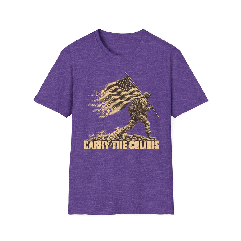 Heather purple t-shirt with gold soldier carrying flag graphic and “CARRY THE COLORS” text