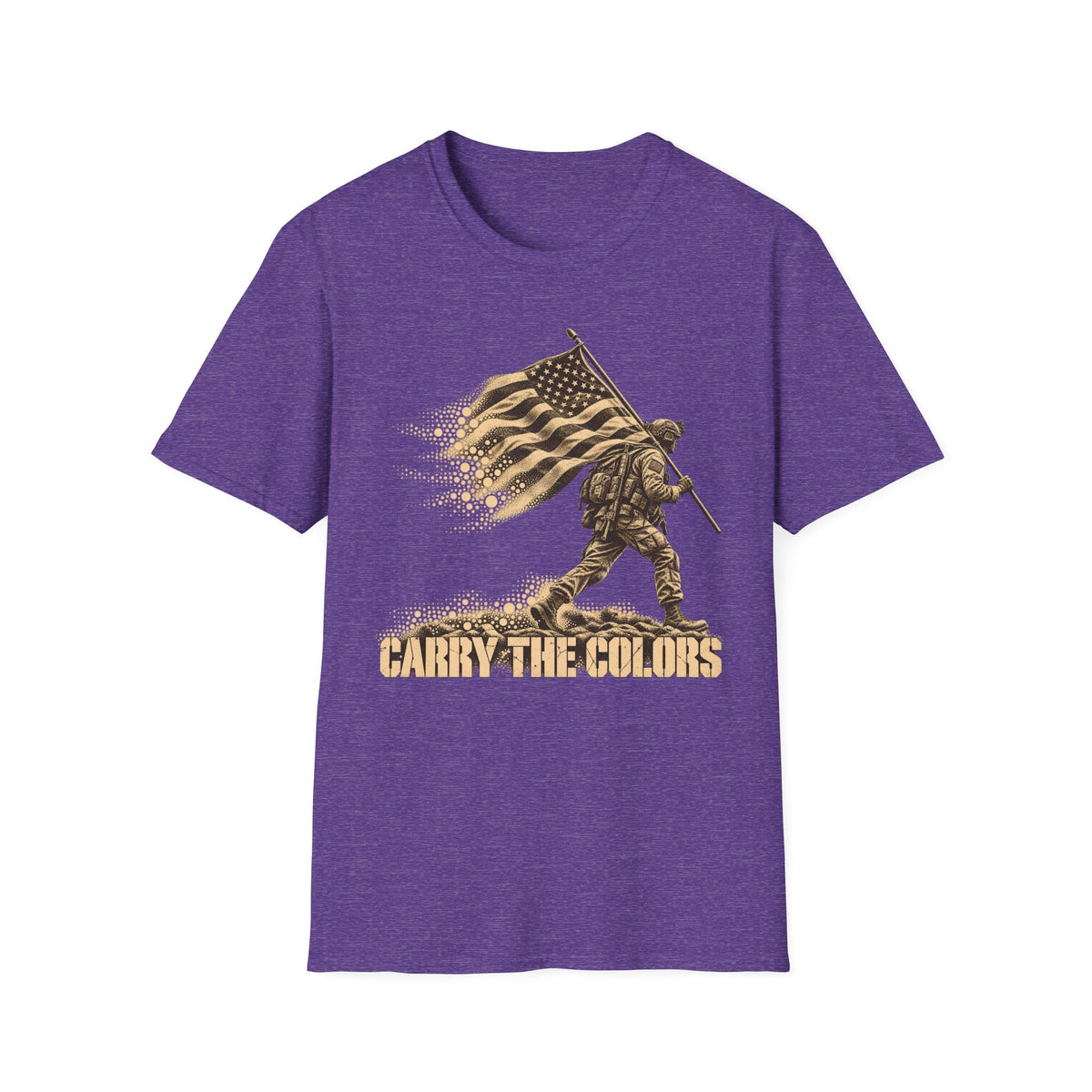 Heather purple t-shirt with gold soldier carrying flag graphic and “CARRY THE COLORS” text