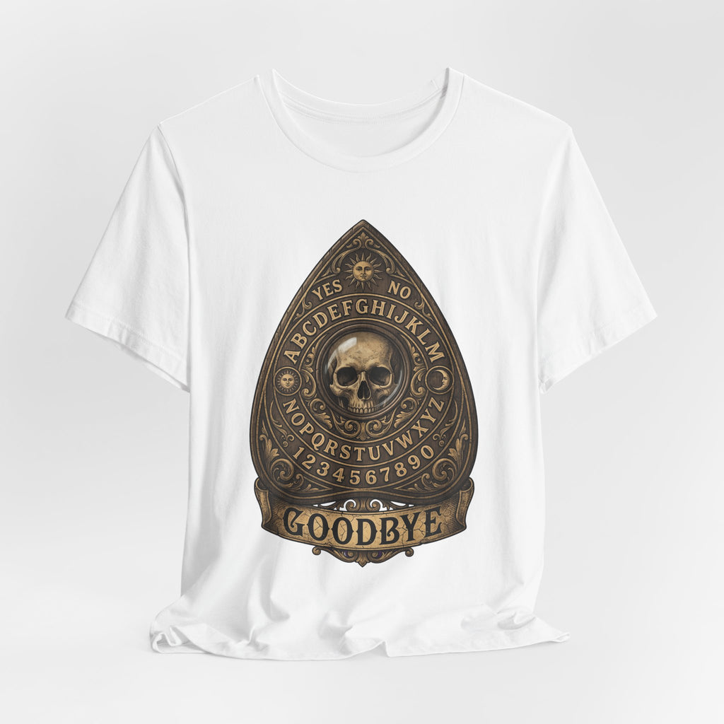 Ouija planchette skull T-shirt, white fabric, centered gold skull planchette “GOODBYE”