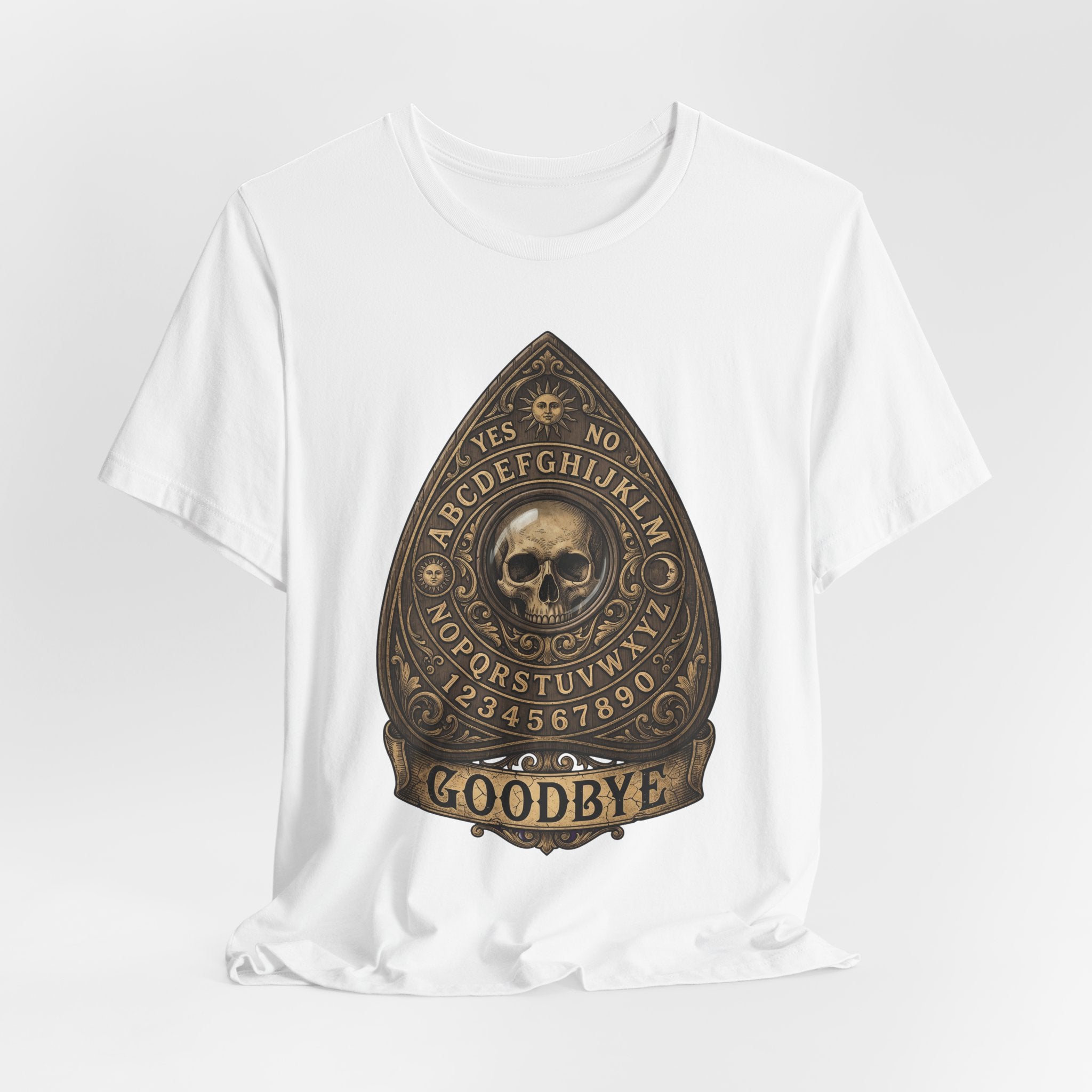 Ouija planchette skull T-shirt, white fabric, centered gold skull planchette “GOODBYE”