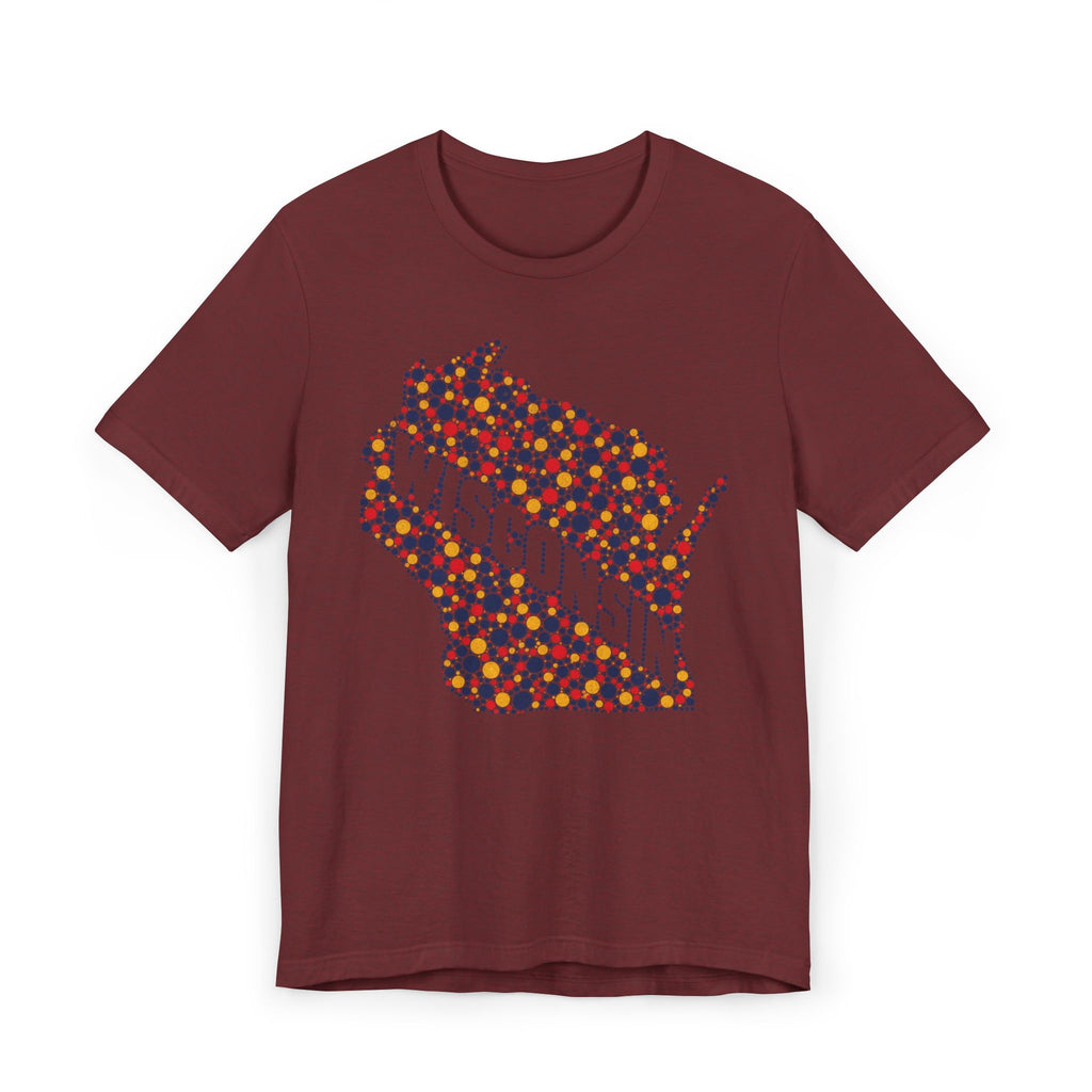 Burgundy T-shirt with colorful dotted Wisconsin map floral graphic on the front