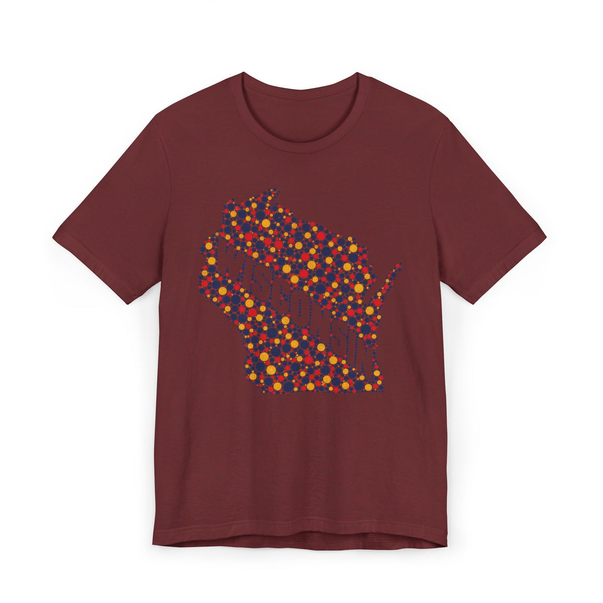 Burgundy T-shirt with colorful dotted Wisconsin map floral graphic on the front