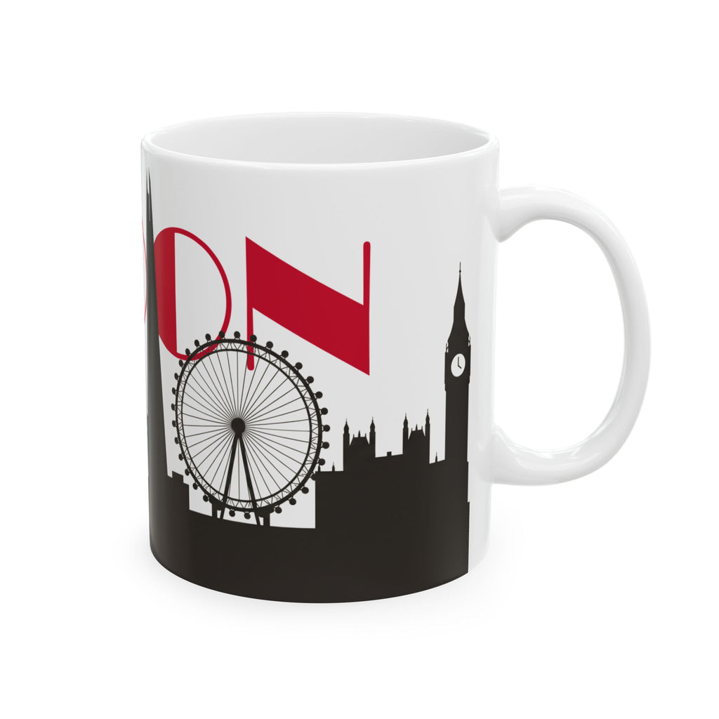 White ceramic coffee mug with black skyline and red Union Jack style graphic