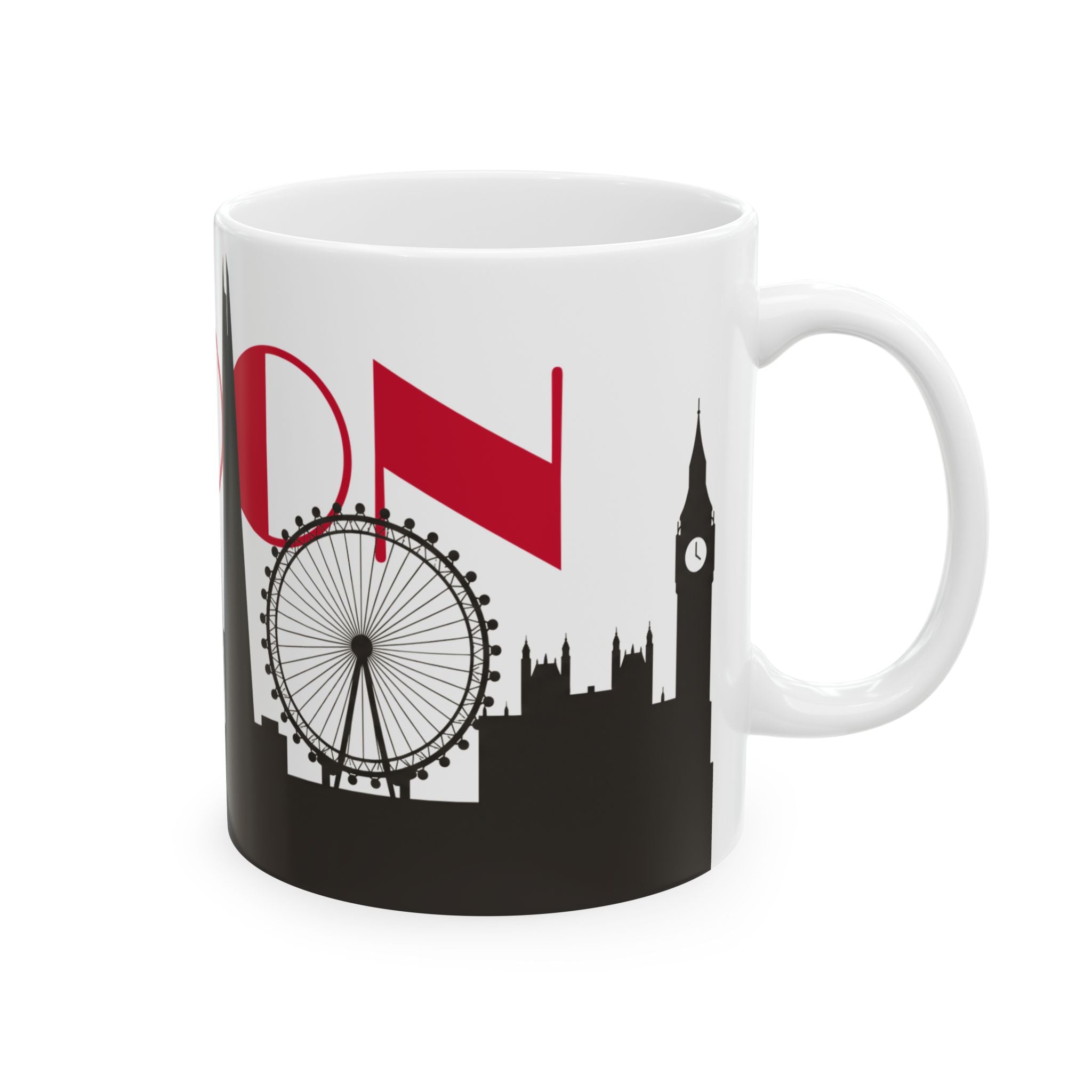 White ceramic coffee mug with black skyline and red Union Jack style graphic