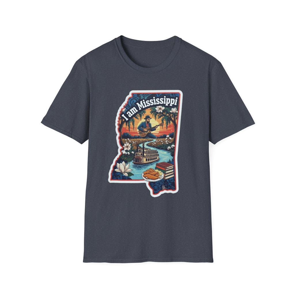 Heather Navy T-shirt with Mississippi state silhouette graphic, riverboat and magnolia design