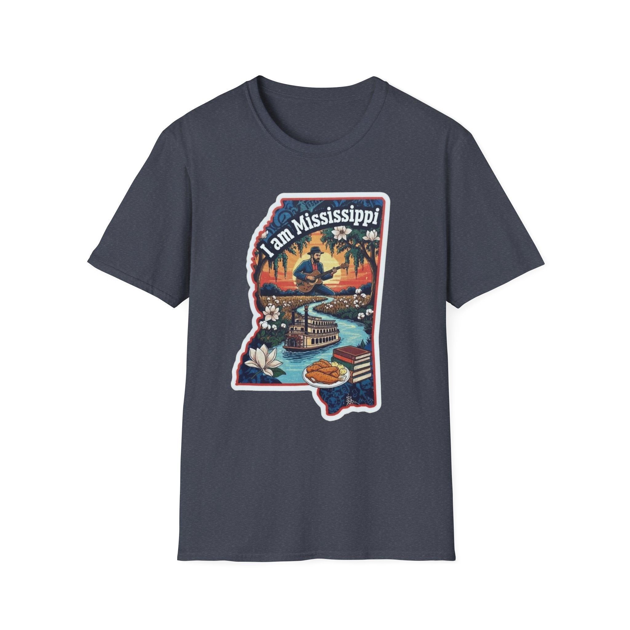 Heather Navy T-shirt with Mississippi state silhouette graphic, riverboat and magnolia design