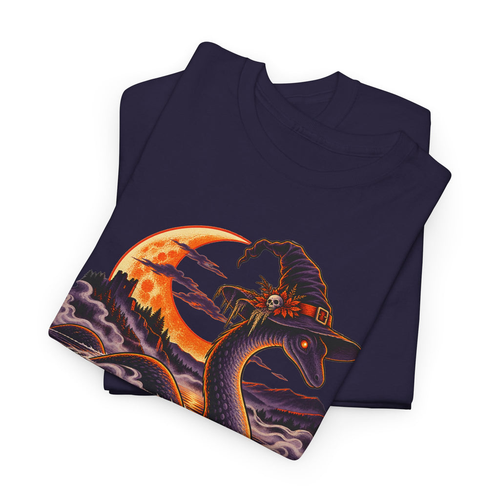 Purple crewneck T-shirt with colorful cryptid graphic on front