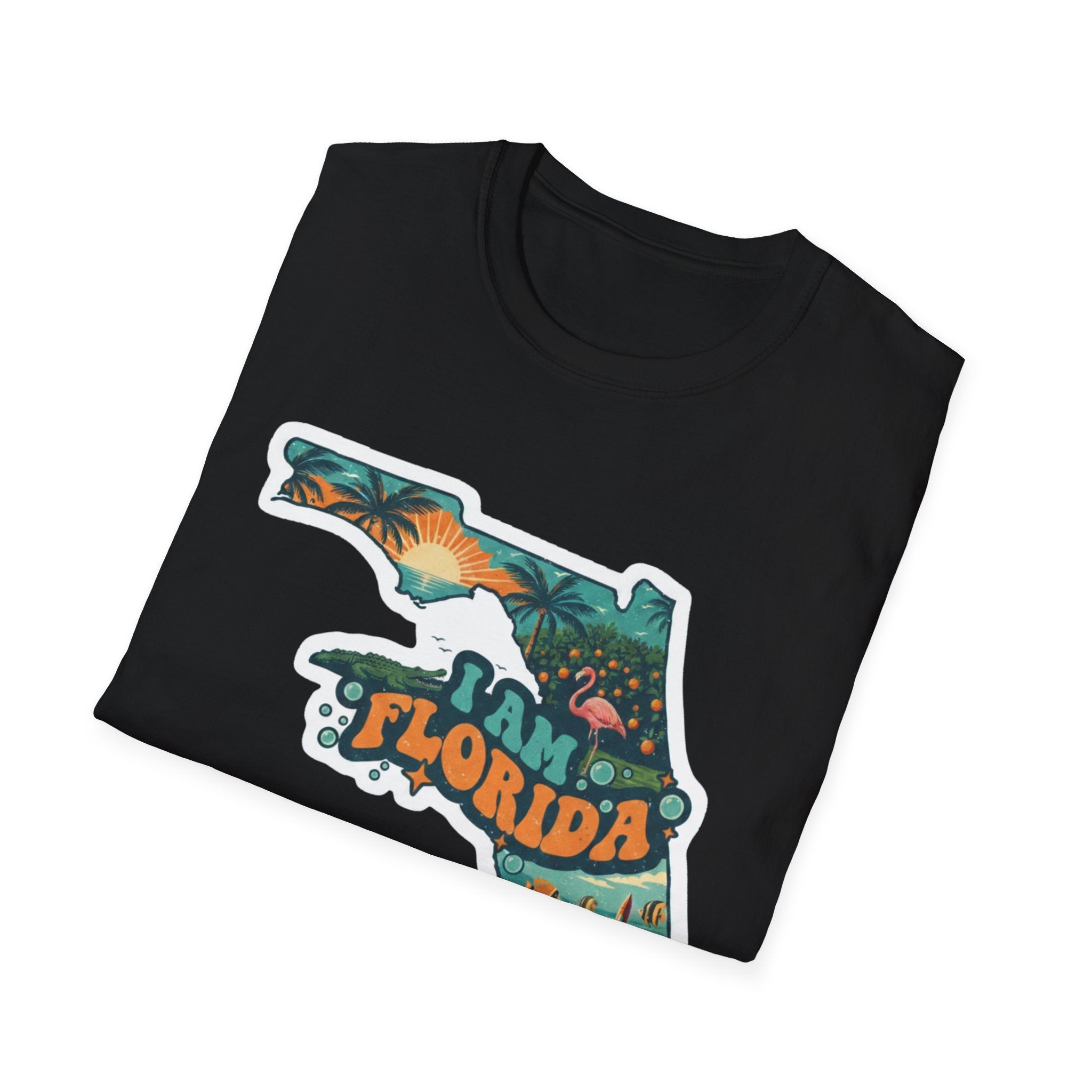 Florida T-shirt in black with Florida map tropical sunset design