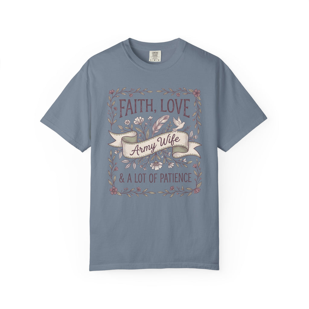 Slate blue crewneck T-shirt with floral "Faith Love & A Lot of Patience" print